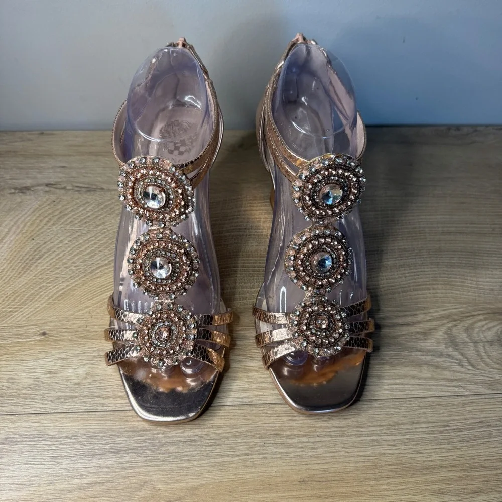 Vince Camuto 8W Rose Gold‎ Wedge Sandals Crystal Rhinestone Embellished Glam